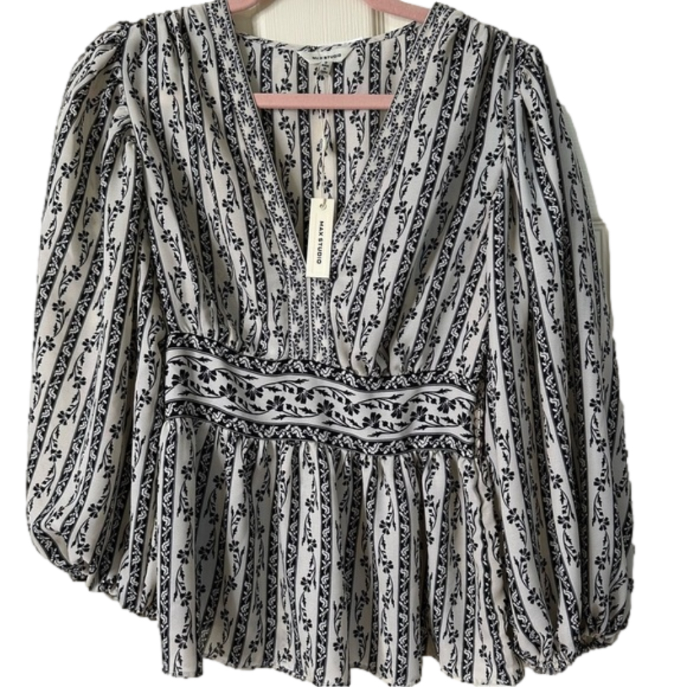 NWT Max Studio Boho Black Floral Peplum Puff Sleeve Blouse - Picture 2 of 11